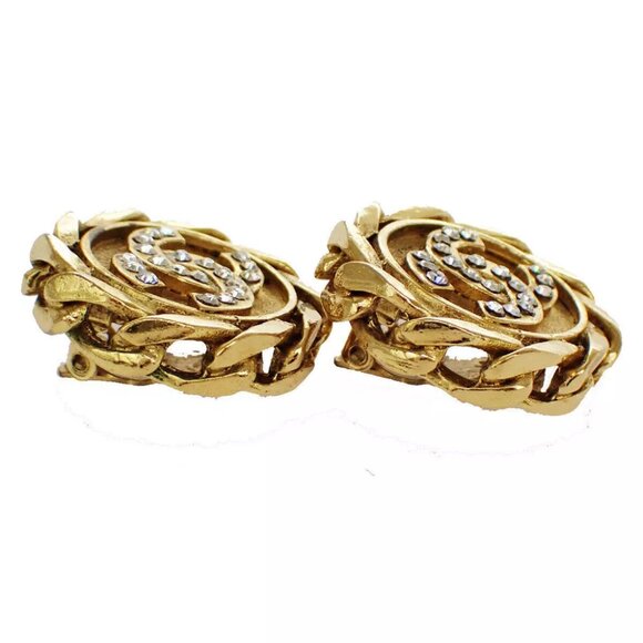 Auth CHANEL CC Logo Round Button Earrings 23 Rhinestone Clip-On GHW Vintage - Picture 8 of 9